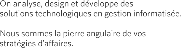 On analyse, design, et d&eacute;veloppe des solutions technologiques en gestion informatis&eacute;e. Nous sommes la pierre angulaire de vos strat&eacute;gies d'affaires.